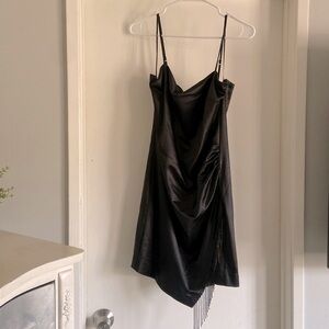 Guess satin black ruched sheath dress w/ beaded fringe Sz L